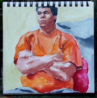 Brian in orange arms crossed watercolor 8 x 8