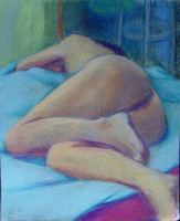 Victoria lying on blue cloth 14 x 17 on paper