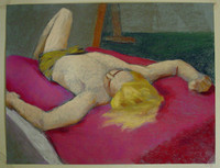 Jason lying on pink with feather 19 x 25 paper