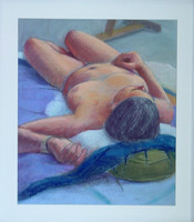 Nude on blue, reclining, on paper, 22 x 28 including frame